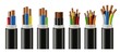 Electric cable with copper conductor, braided wires in color plastic insulation 3d realistic vector. Power supply industry, electricity and telecommunication line cables with naked solid conductors