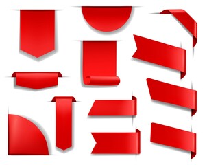 red banners and labels for web page, sale promotion design element. blank red bookmarks, paper or fa