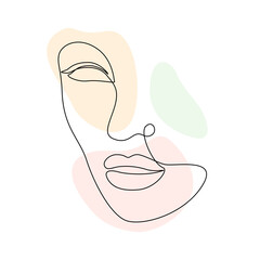 Poster - Continuous line art woman face with abstract shapes. Elegant minimalistic portrait for prints, tattoos, posters, textiles, postcards. Vector illustration.