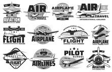 Pilot Courses And Flight Tours Icons Set. Aviation Show, International Airline And Flying School Emblem Or Badge. Modern Airliner And Airport Terminal, Vintage Propeller Airplanes Vector
