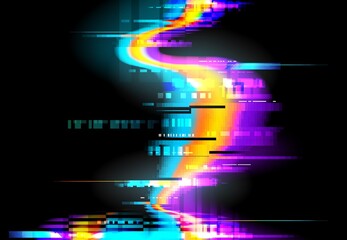 Aufkleber - Glitch background, pixels digital noise on screen, vector. Glitch or signal distortion effect on display, neon color line glitch on TV or computer display, VHS video television interference