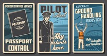 Aviation Vector Retro Posters. Passenger Airlines Passport Or Border Control Service, Pilot School And Aircraft Ground Handling. Vintage Cards With Airplane Landing On Runway Near Airport Building