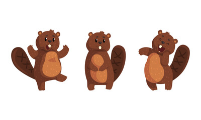 Sticker - Cute Brown Beaver with Various Emotions Set, Funny Cheerful Woodland Animal Character Cartoon Vector Illustration