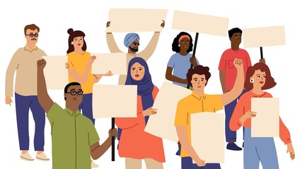 People demonstration crowd. Protesters placards. Caucasian persons holding banners. International or multicultural meeting vector . Illustration afroamerican and indian people with placard