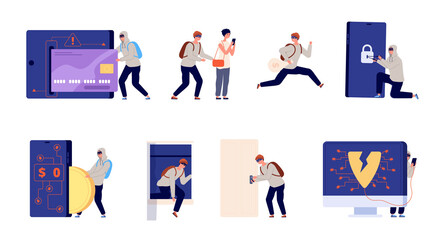 Thief and criminal. Home robbery, theft burglary cartoon. Burglar, cybercrime or hackers, utter database hacking and robbers vector characters. Illustration criminal theft and hacker man