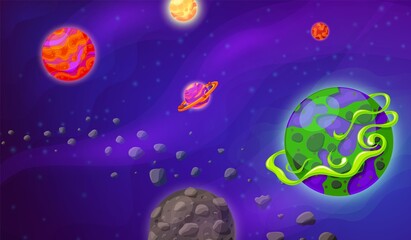 Wall Mural - space and planet background. cartoon galaxy, universe landscape with planets. futuristic game scene,