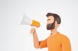 © Foxstudio - Cartoon beard character man making announcement with megaphone loudspeaker isolated over white background.