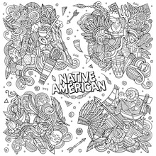 Native American Cartoon Vector Doodle Designs Set.