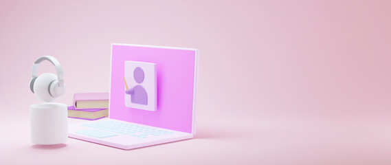 Digital Online Education. 3d of computer learning on network about learning on phone, computer. social distance concept. Classroom Online internet network.