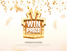 Win Prize Gift Box With Golden Retro Board Broadway Sign Vector Illustration. Winning Celebration With Confetti On Light Background 