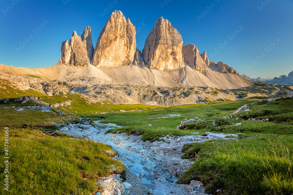 Dolomites Mountains. Tre Cime di Lavaredo at summer time. Landscape of Alps Mountains - obrazy, fototapety, plakaty 