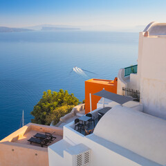 Wall Mural - Famous Geometry and colors of sunny Santorini, Greece. Conceptual Artistic Fragments