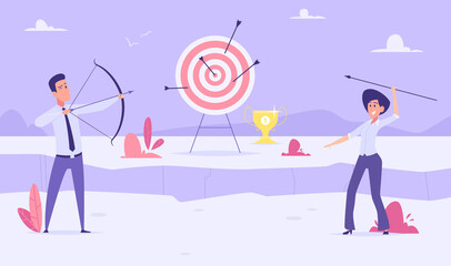 Poster - Businessman shooting to goal. Leadership managers with bow professionals working exact vector concept illustration. Archery businessman, challenge achievement competition