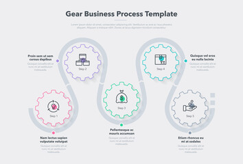 Modern gear business process template with 5 steps. Easy to use for your website or presentation.