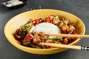 Canvas Print - Sweet and Sour Chicken and Vegetables with Rice. Stir Fry Chicken with Vegetables and Sesame. Yellow plate with wooden chopstick on dark slate table. Chinese, asian, authentic food concept