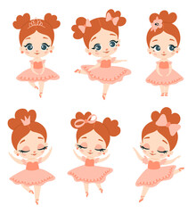 Doodle style flat vector pink ballerina with brown hair set