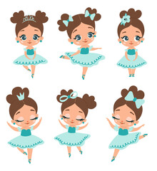 Doodle style flat vector african american black skin ballerina poses set