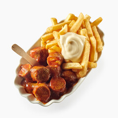 Wall Mural - Fried potatoes with grilled sausages and sauce