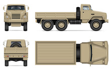 Military Truck Isolated Vector Mockup On White Background. Army Vehicle With View From Side, Front, Back, And Top. All Elements In The Groups On Separate Layers For Easy Editing And Recolor