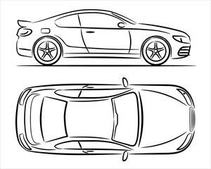 Wall Mural - Modern car coupe, abstract silhouette on white background. Vehicle icons set view from side and top. A hand drawn line art.