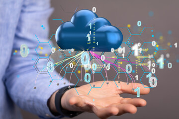 Data cloud storage network from lines, triangles and particle style design.