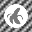 A large peeled banana symbol in the center as a hatch of black lines on a white circle. Interlaced effect. Seamless pattern with striped black and white diagonal slanted lines