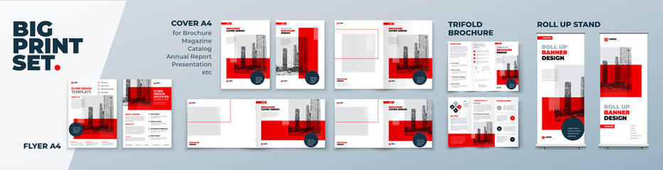 Wall Mural - red corporate identity print template set of brochure cover, flyer, tri fold, report, catalog, roll 