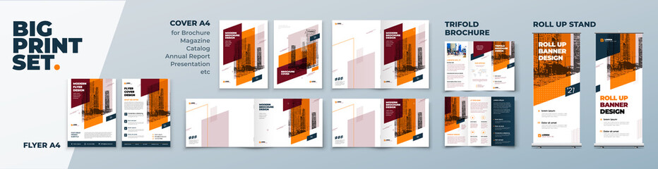 Wall Mural - orange corporate identity print template set of brochure cover, flyer, tri fold, report, catalog, ro