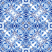 Watercolort Handdrawn Seamless Blue Geometric Pattern Tile Design Surface