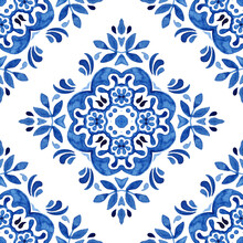Vintage Damask Floral Seamless Ornamental Watercolor Arabesque Paint Tile Design Pattern For Tile Decor.