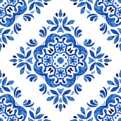 Wall Mural - Vintage damask floral seamless ornamental watercolor arabesque paint tile design pattern for tile decor.