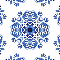 Vintage damask floral seamless ornamental watercolor arabesque paint tile design pattern for tile decor.