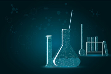 Science education concept with laboratory glassware illustration and abstract dark wallpaper with copyspace