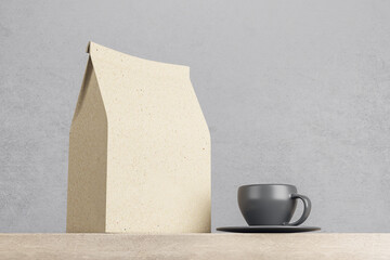 Wall Mural - Eco style kraft paper coffee package with copyspace for your logo with black mug on light wooden surface. Mockup