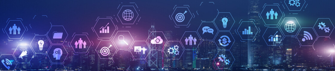 ERP Enterprise Resource Planning system on virtual screen with connections between business intelligence