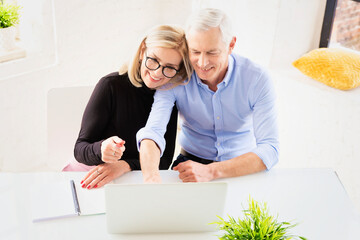 Shot of a senior couple using a laptop together at home while sitting at desk