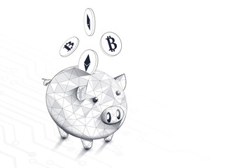 Leinwandbilder - Piggy bank and Cryptocurrency coins on Circuit board technology concept. Lines, triangles, and particle style design. Vector illustration