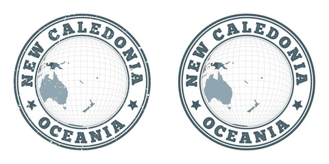 Wall Mural - New Caledonia round logos. Circular badges of country with map of New Caledonia in world context. Plain and textured country stamps. Vector illustration.