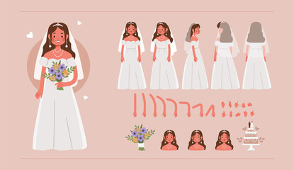 Wall Mural - bride character constructor for animation. front, side and back view. cute girl wearing wedding dres