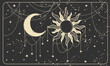 Magic banner for astrology on a cosmic background, fortune telling, magic. Divine universe, crescent moon and sun on a black background. Esoteric vector illustration, pattern.