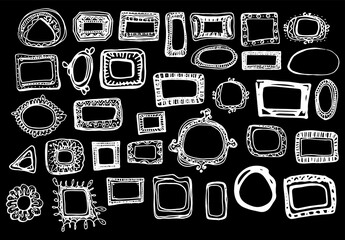 Wall Mural - Hand-drawn doodle-style set of vector cute frames isolated by a white outline on a black background for your design template. large collection of curbs of various shapes round, square, spiral, simple 