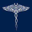 © Marina Storm - Manta ray illustration in Maori style. Ornament for divers. White on blue background.