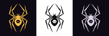 Spider Logo With Vampire Skull And Fangs. Golden, Black And Silver Spider Silhouette