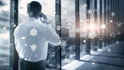 Wall Mural - technology industrial business process workflow organisation structure on virtual screen. iot smart 