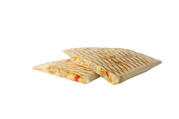 two pieces of mexican quesadilla fast food on white isolated background with copy space