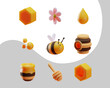 A set of elements on the theme of bees and honey. Cartoon 3d style. Isolated objects. Vector