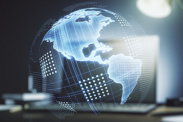 Wall Mural - digital america map on modern computer background, global technology concept. multiexposure