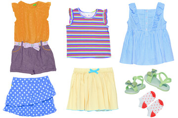 Collage set of little girl summer clothes isolated on a white background. The collection of  various short summer skirts, a dress, shoes, a shirt and other accessories. Fashionable girls outfit.