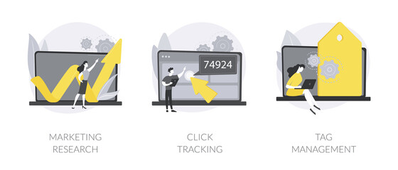Poster - Analytics software abstract concept vector illustration set. Marketing research, click tracking, tag management, focus group, target audience, data collection, digital survey abstract metaphor.
