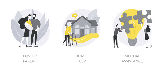 Wall Mural - social responsibility abstract concept vector illustration set. foster parent, home help, mutual ass